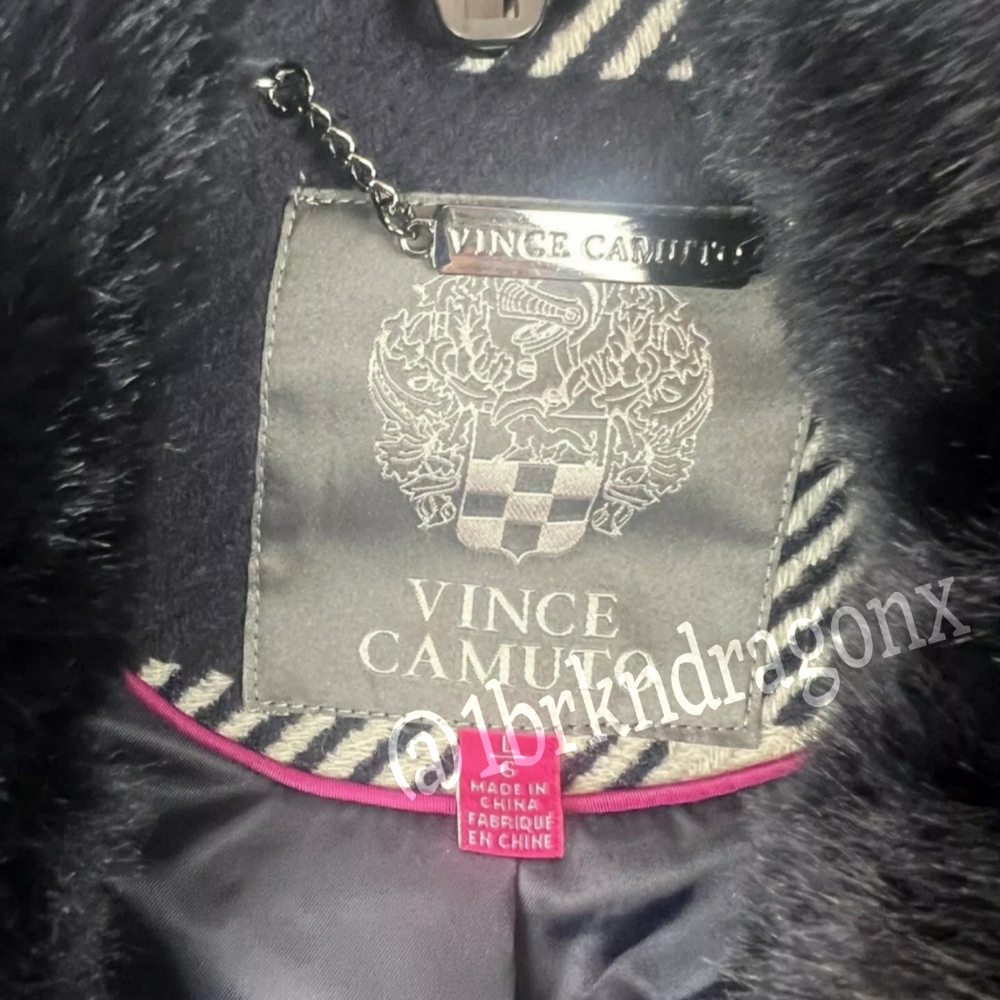 Brand New Vince Camuto Wool Belted Navy White Plaid Trench Coat Fur LARGE FUR - Picture 3 of 17